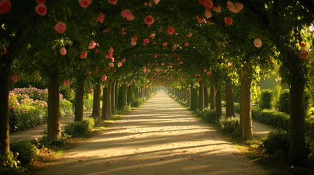A stunning view of a tranquil garden pathway lined with blooming roses and lush trees, illuminated by soft sunlight. Perfect for nature lovers.の素材