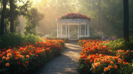 A picturesque garden scene featuring a charming gazebo adorned with vibrant flowers. The sunlight filters through trees, creating a serene and tranquil atmosphere, perfect for relaxation.の素材