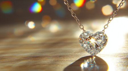 Stunning heart-shaped diamond pendant hanging gracefully, illuminated by sparkling background. Perfect choice for romantic gifts or elegant occasions.の素材