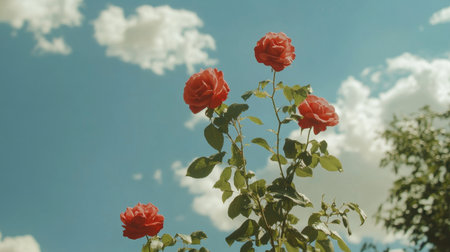 Stunning red roses reach for the bright blue sky, creating a beautiful contrast with fluffy white clouds. This enchanting floral scene captures the essence of summer.の素材
