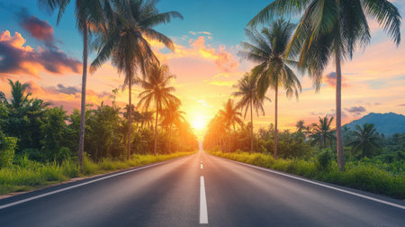 A beautiful sunset illuminates a tranquil road lined with palm trees, creating a picturesque scene perfect for travel and nature enthusiasts.の素材