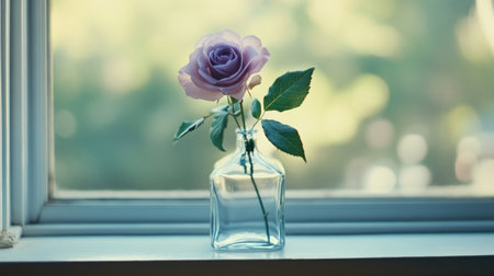 A graceful purple rose stands elegantly in a clear glass vase, softly illuminated by natural light. The serene setting by the window enhances the beauty of this floral arrangement.の素材