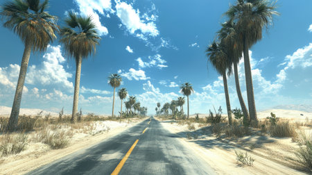 A peaceful road stretches through a desert landscape lined with palm trees, showcasing a bright blue sky filled with fluffy clouds. Ideal for travel themes.の素材
