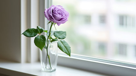 This image features a delicate lavender rose in a clear glass vase, beautifully positioned by a bright window, evoking tranquility and elegance in any setting.の素材