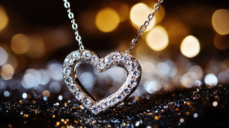 Stunning heart-shaped diamond pendant necklace glimmers beautifully on a shimmering background, perfect for romantic occasions and elegant gifting.の素材