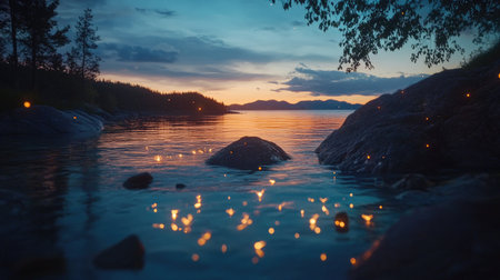 A serene lakeside view at dusk, featuring glowing fireflies over still waters and a beautiful sunset. Ideal for nature lovers and peaceful retreats.の素材