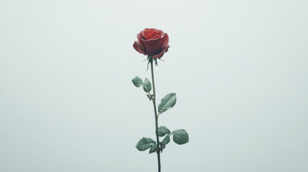 A striking red rose standing alone against a soft, minimalist background. This image captures the essence of beauty and romance, perfect for various themes.の素材
