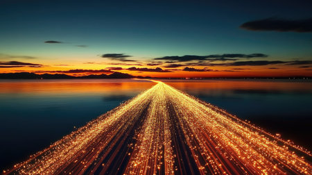 A mesmerizing light trail stretches across calm water, reflecting the vibrant hues of a stunning sunset. This serene scene captures beauty and tranquility.の素材