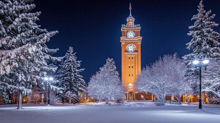 A serene winter night scene featuring a historic clock tower surrounded by snow-covered trees. The tranquil atmosphere captures the essence of winter.の素材