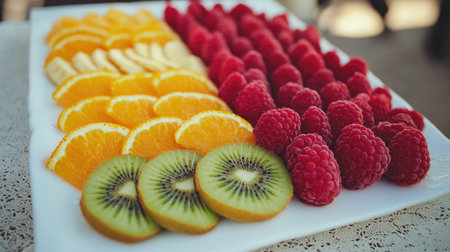 A vibrant fruit platter featuring slices of kiwi, orange, raspberry, and banana. This colorful arrangement highlights fresh flavors ideal for any occasion.の素材
