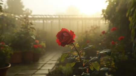 A stunning red rose stands majestically in a misty garden during sunrise. Soft light filters through the fog, creating a tranquil and serene atmosphere.の素材