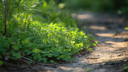 A vibrant patch of green foliage grows alongside a sunlit pathway, capturing the essence of nature's beauty. The soft-focus effect enhances the tranquil scene.の素材