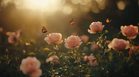 A serene garden scene featuring soft pink roses adorned with butterflies, illuminated by a warm golden sunset. This captivating image evokes tranquility and beauty.の素材