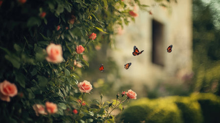 A captivating scene featuring butterflies gracefully fluttering among beautiful roses in a lush garden, radiating tranquility and natural beauty.の素材