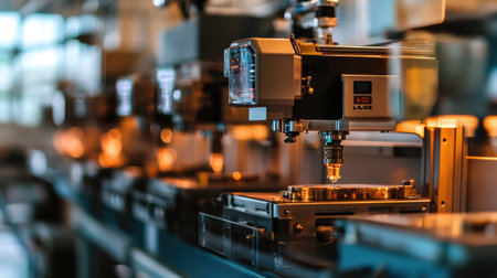 A close-up view of precision machinery in a modern industrial setting, showcasing advanced technology and automation in manufacturing processes.の素材