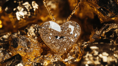 A captivating heart-shaped crystal pendant glistens against a backdrop of golden rocks, symbolizing love and luxury. Perfect for jewelry enthusiasts.の素材