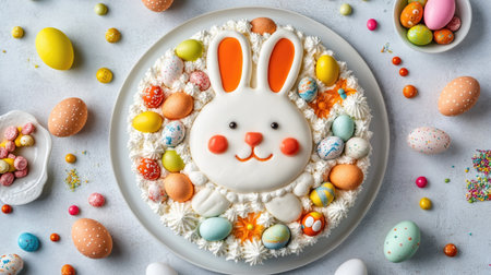 A charming Easter bunny cake topped with colorful eggs and decorative treats, perfect for festive celebrations. Ideal for family gatherings and spring parties.の素材