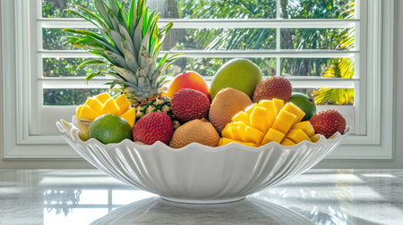 A vibrant assortment of fresh tropical fruits including pineapple, mango, and lychee arranged in a decorative white bowl, illuminated by natural sunlight.の素材