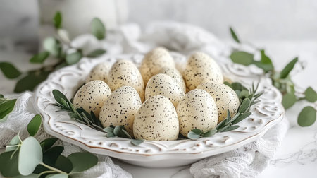 A beautifully styled arrangement of speckled eggs on a decorative plate, surrounded by lush greenery. Perfect for spring celebrations or festive decor.の素材