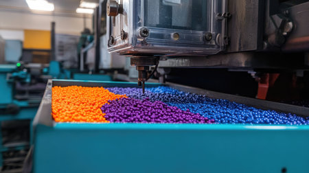A striking close-up of an industrial CNC machine working with vibrant plastic pellets. This image captures the essence of modern manufacturing and technology.の素材