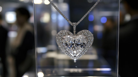 This stunning heart-shaped diamond pendant shines brilliantly in an elegant display. Perfect for showcasing luxury jewelry with exquisite craftsmanship and beauty.の素材