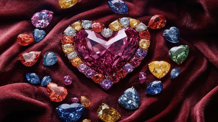 A stunning arrangement of colorful heart-shaped gemstones displayed on a rich velvet background, showcasing their brilliance and elegance in a captivating way.の素材