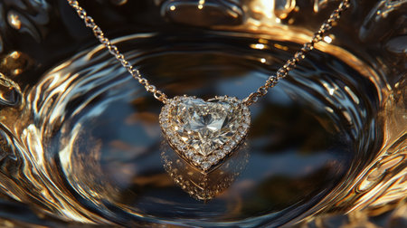 A stunning heart-shaped diamond pendant rests gracefully in shimmering water, showcasing its brilliance and exquisite design, perfect for jewelry lovers and fashion enthusiasts.の素材
