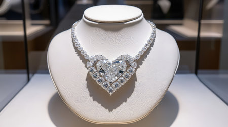 This stunning heart-shaped diamond necklace exudes luxury and elegance, perfectly displayed on a soft-lined bust in a high-end jewelry shop.の素材