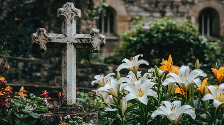 A weathered stone cross stands amidst vibrant lilies and flowers in a tranquil garden, symbolizing peace and remembrance in a serene environment.の素材