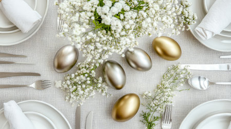 A stylish table setting featuring a floral arrangement and decorative eggs in gold and silver. Perfect for spring celebrations and festive gatherings.の素材
