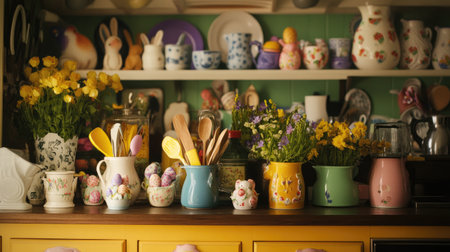 A vibrant kitchen scene filled with colorful flowers and decorated jars, showcasing Easter eggs for a festive and cheerful atmosphere, perfect for spring decor.の素材