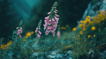 Beautiful pink foxglove flowers stand tall amidst a tranquil mountain landscape, showcasing their delicate petals and vibrant colors in nature's serene setting.の素材