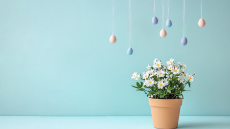 A charming spring arrangement featuring vibrant flowers in a pot with pastel hanging eggs against a soft blue background, perfect for seasonal decor.の素材