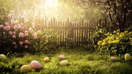 A serene spring garden features colorful Easter eggs scattered on lush grass. Framed by flowering plants and a rustic fence, this scene captures the joy of the season.の素材