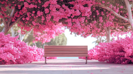 A picturesque park scene featuring a wooden bench surrounded by vibrant pink bougainvillea flowers. The tranquil atmosphere invites visitors to relax and enjoy nature's beauty.の素材