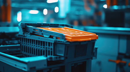 Close-up view of stackable plastic storage containers with an orange top in a modern factory workshop, showcasing organization and utility in an industrial setting.の素材