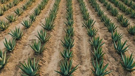 Aerial view of a beautifully organized field showcasing rows of healthy green aloe vera plants flourishing in sandy soil under bright sunlight.の素材