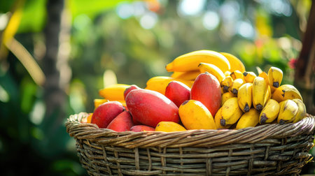 A beautiful arrangement of fresh tropical fruits in a woven basket, showcasing bananas, mangoes, and papayas in a vibrant outdoor setting, perfect for promoting healthy eating.の素材