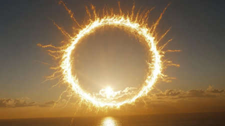 A mesmerizing glowing circle of light appears above the ocean during sunset, creating a captivating blend of colors and atmosphere, perfect for serene landscapes.の素材