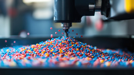 A close-up view of a manufacturing machine dispensing colorful plastic granules. The vibrant mix of colors showcases the raw materials used in production, highlighting industrial processes.の素材