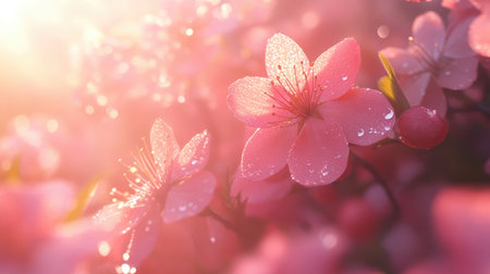 A stunning close-up of delicate pink flowers adorned with sparkling dew drops, captured in soft morning light. This image embodies the essence of spring and beauty.の素材
