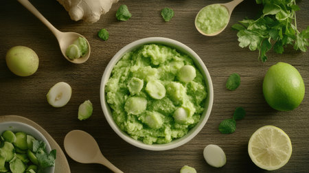 Fresh and vibrant green mix featuring herbs and citrus fruits, ideal for healthy cooking. Perfect for recipes that celebrate natural flavors and nutrition.の素材