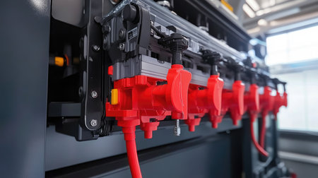 Close-up view of advanced printing technology featuring red dispensers. This image showcases intricate machinery details in a modern industrial setting, highlighting innovation and precision.の素材