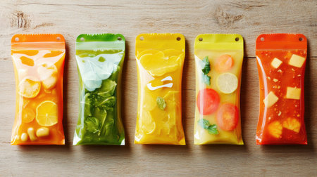 Discover an array of colorful packaged snacks featuring fresh ingredients, perfect for any meal or snack time. Enjoy convenience and vibrant flavors!の素材