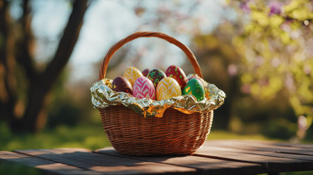 A vibrant basket filled with colorful Easter eggs against a lush, blossoming background. Captures the essence of spring and festive celebrations.の素材