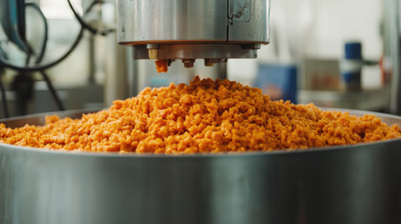Close-up of industrial food processing equipment with a mound of orange grains in a production area. Highlighting technology and manufacturing processes.の素材