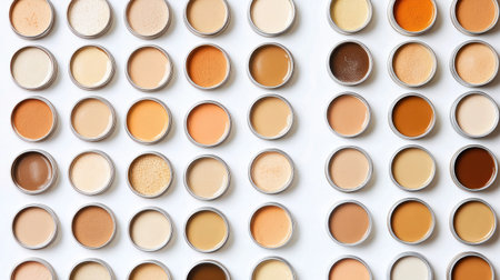 An organized display of diverse foundation shades in circular containers. The photo highlights various tones suited for different skin types and makeup preferences.の素材