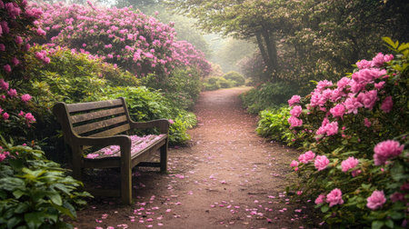 A tranquil garden scene showcasing a lovely pathway lined with vibrant pink flowers and a wooden bench, inviting moments of relaxation and reflection.の素材