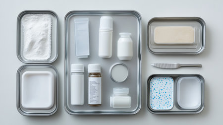 A neatly arranged overhead view of various pharmaceutical and cosmetic containers on a tray. The image showcases different shapes and sizes, emphasizing organization and minimalism in packaging.の素材