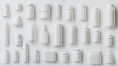 A diverse collection of white containers, including bottles and jars, suitable for medicine and cosmetics. Ideal for branding and packaging design projects.の素材